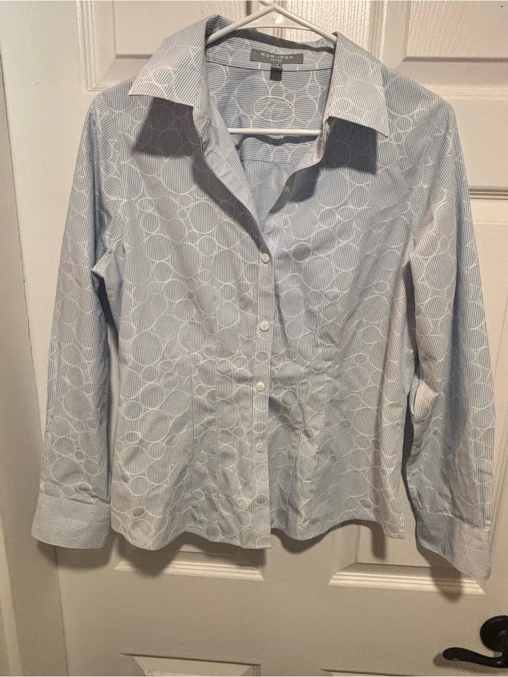 Foxcroft Non-Iron Light Blue Button-Up Shirt with White Circle Print